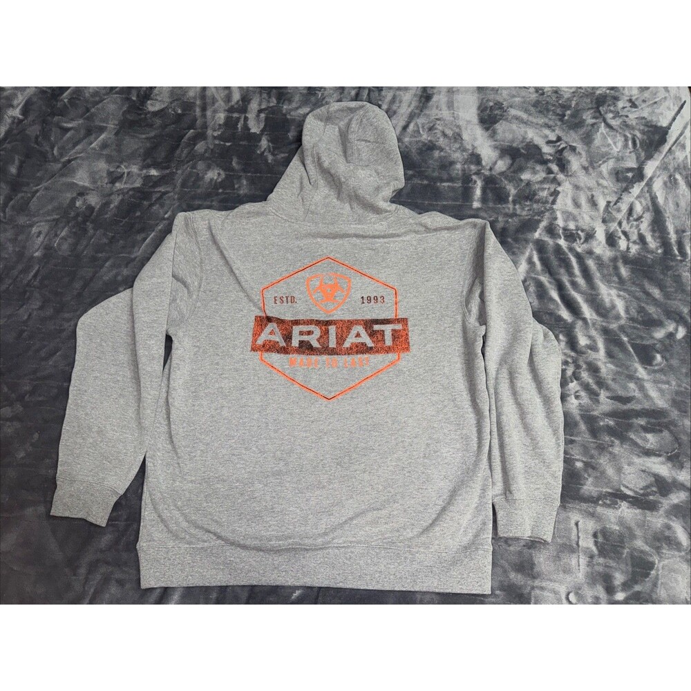 Men Sweatshirt Hooded Hoodie ARIAT Bold Hex Back Shield Print Gray L